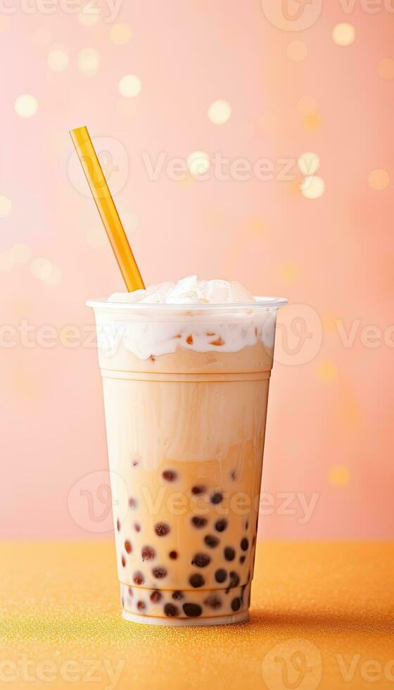 generatief ai illustratie van Product foto plastic kop van boba melk thee, met bubbels, plezier, pastel achtergrond