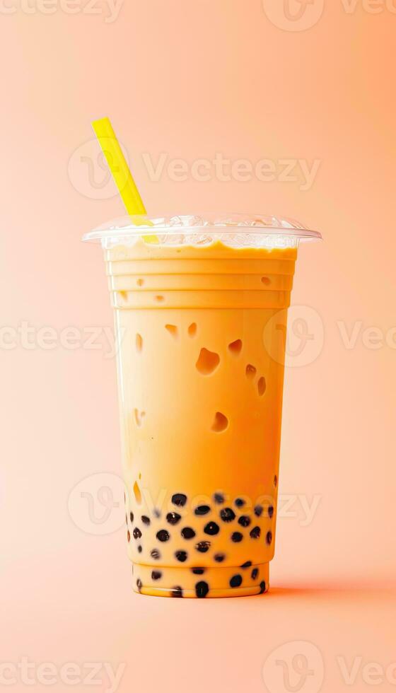 generatief ai illustratie van Product foto plastic kop van boba melk thee, met bubbels, plezier, pastel achtergrond