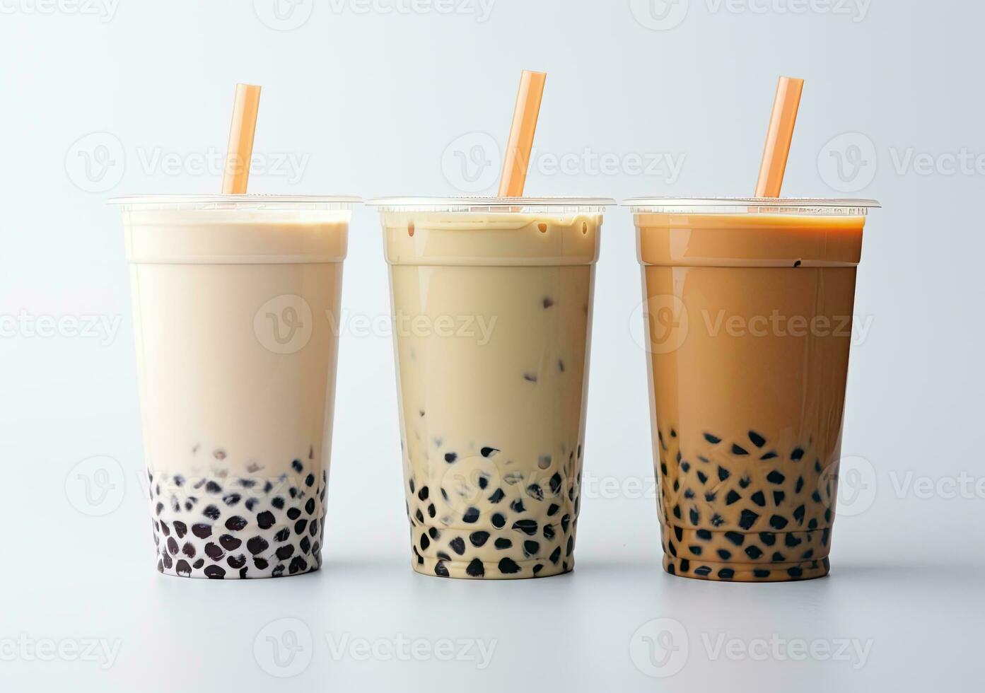 generatief ai illustratie van Product foto van 3 plastic cups van boba melk thee, met bubbels, plezier, solide zacht pastel achtergrond