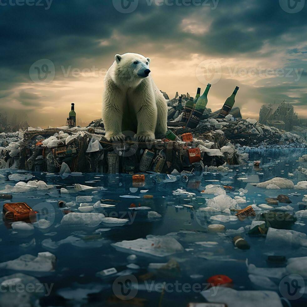 generatief ai illustratie van eenzaam wit beer Aan ijsberg, omringd door vuilnis en plastic flessen drijvend Aan water foto