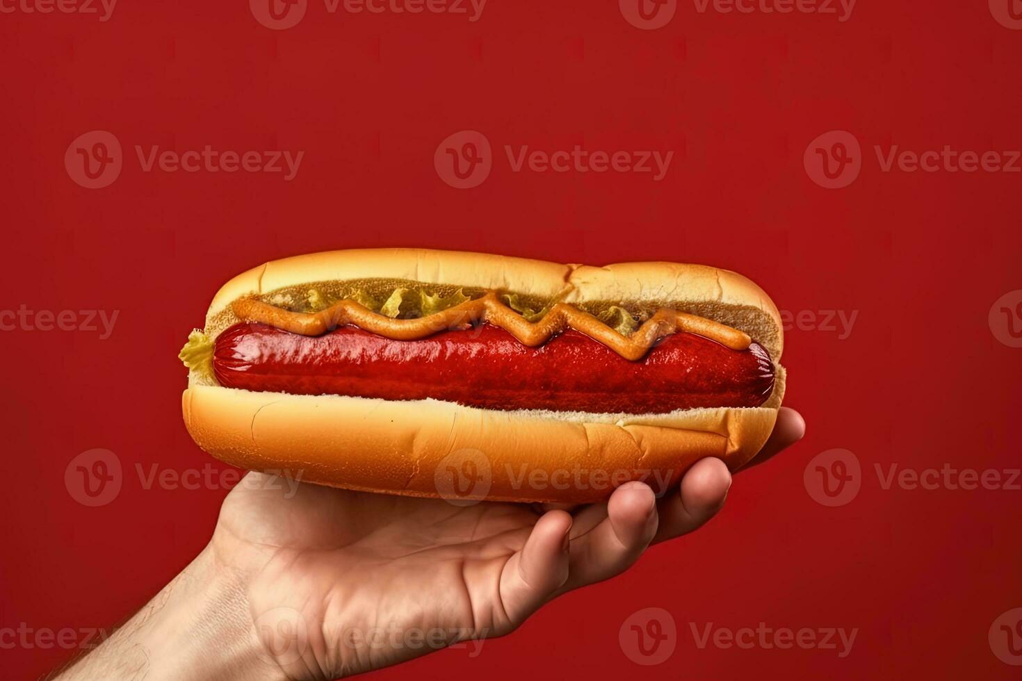 hand- Holding smakelijk heet hond Aan een rood achtergrond. ai gegenereerd foto