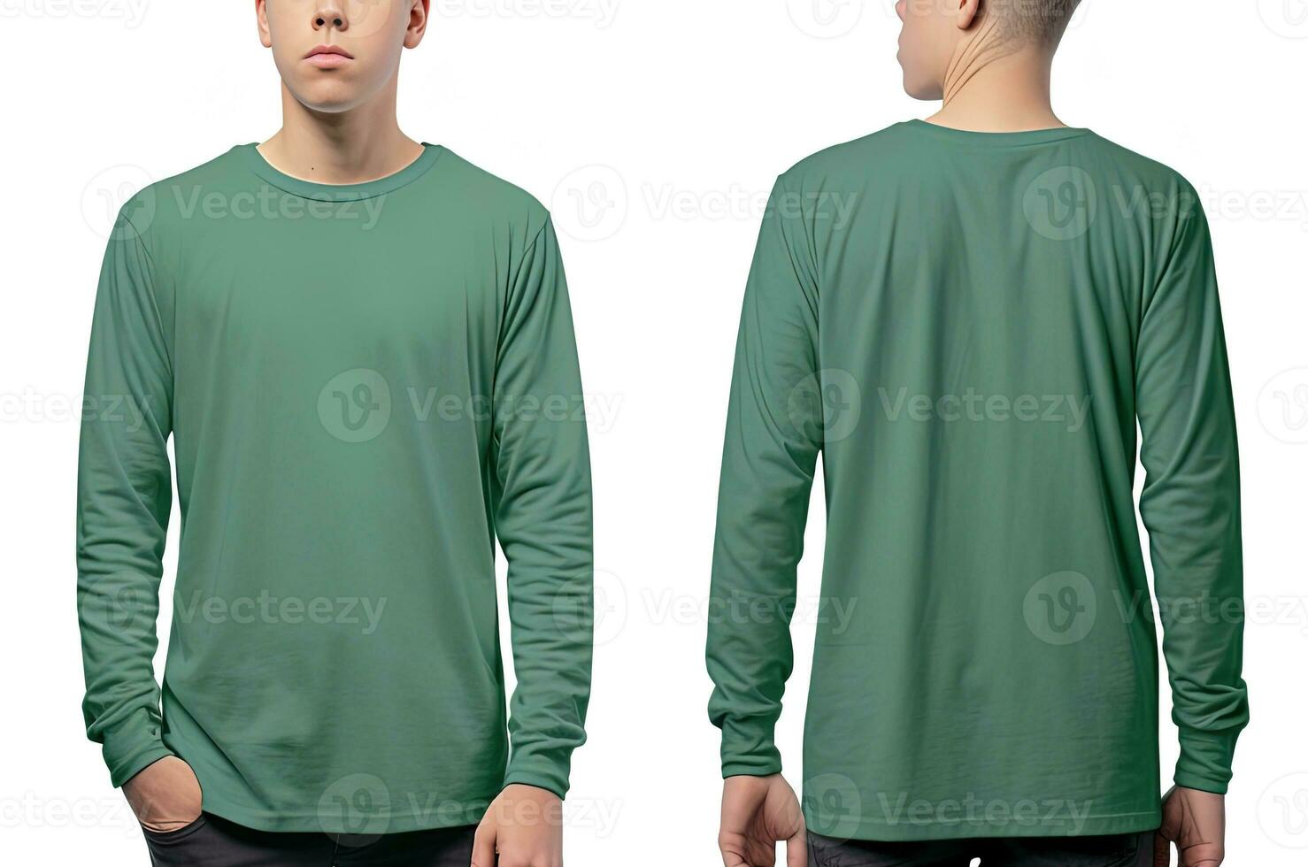 Mens vervelend een groen t-shirt met lang mouwen. voorkant en terug visie. ai gegenereerd foto