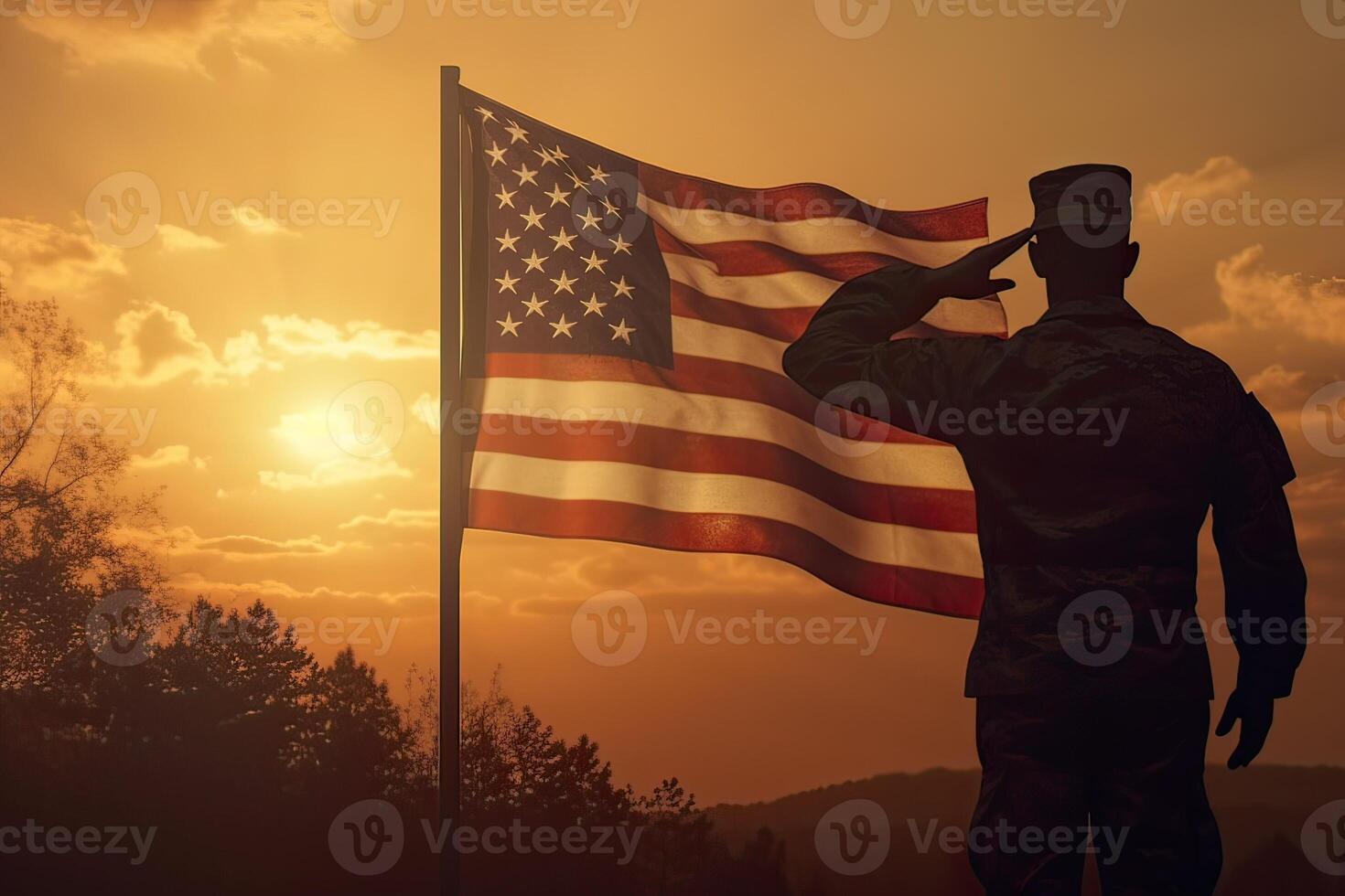 generatief ai illustratie van soldaat groet en Verenigde Staten van Amerika vlag Aan zonsopkomst achtergrond foto