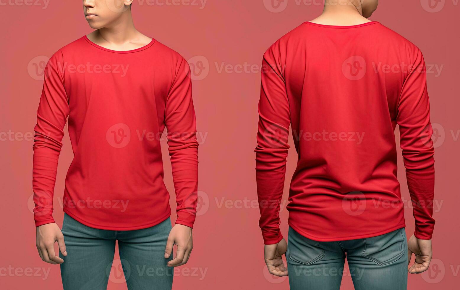 Mens vervelend een rood t-shirt met lang mouwen. voorkant en terug visie. ai gegenereerd foto