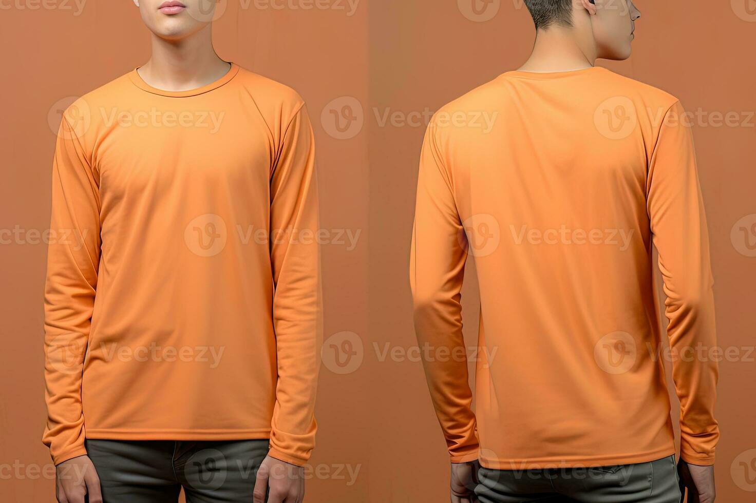 Mens vervelend een oranje t-shirt met lang mouwen. voorkant en terug visie. ai gegenereerd foto