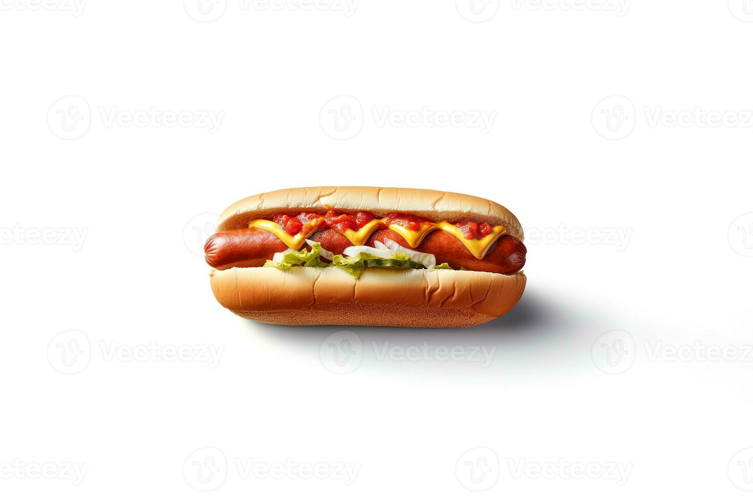 heet hond met mosterd en ketchup geïsoleerd Aan een wit achtergrond. ai gegenereerd foto