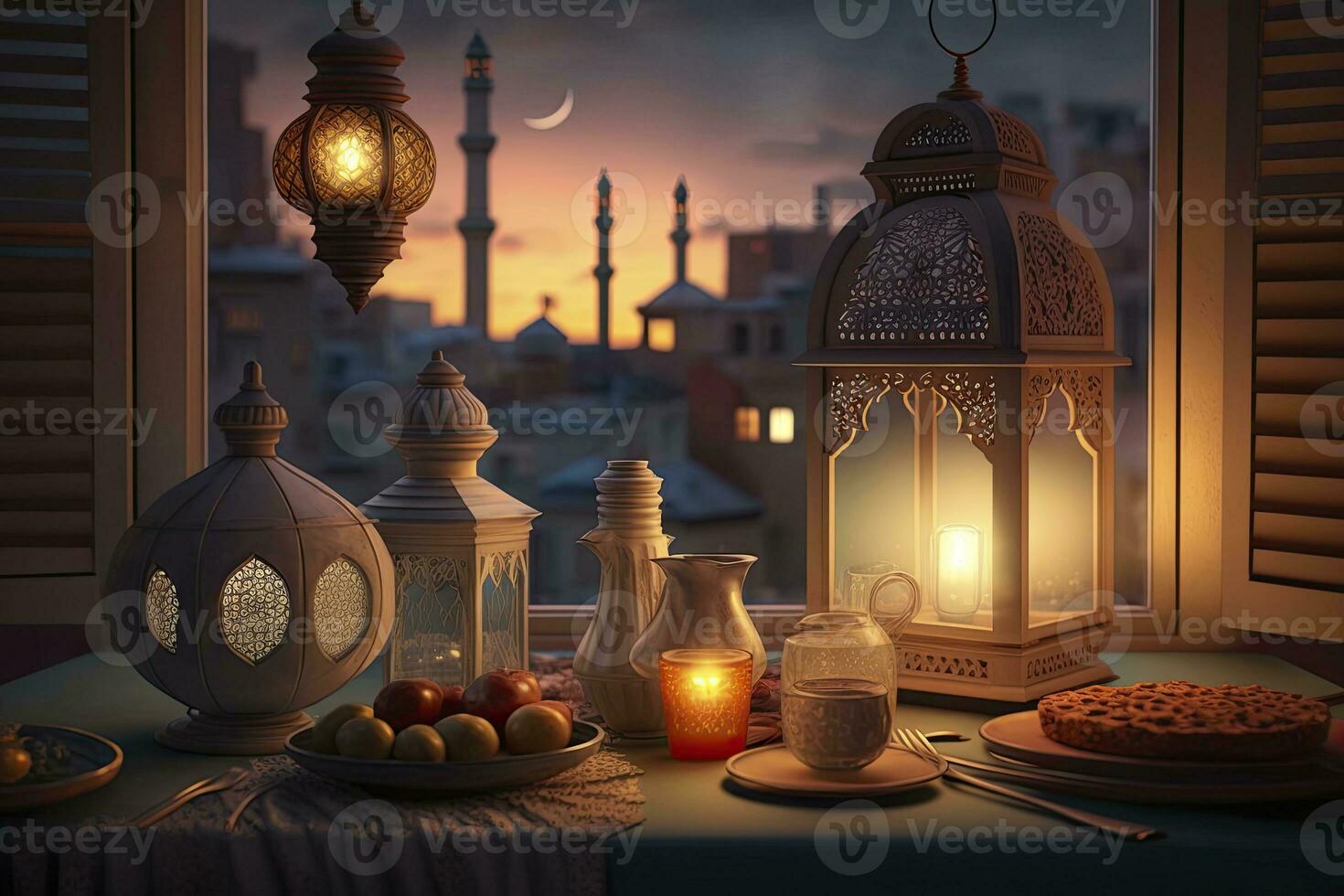Arabisch huisstijl met iftar gerechten zijn geplaatst Aan een avondeten tafel met mooi lantaarn decoraties. generatief ai foto