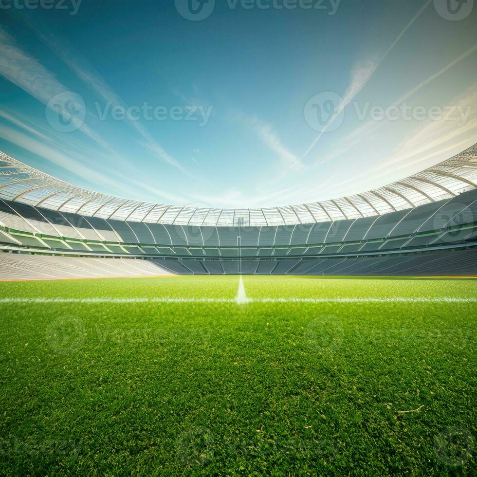 voetbal stadion met groen veld. generatief ai foto