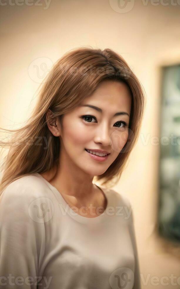 gelukkig mooi Aziatisch vrouw Bij de straat, generatief ai foto
