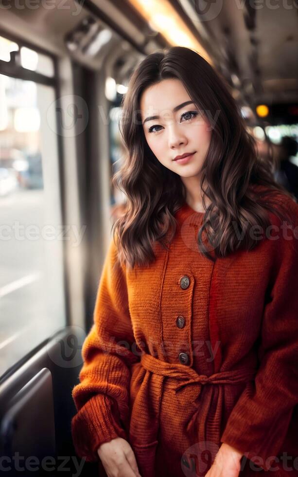 mooi vrouw staand binnen openbaar bus vervoer, generatief ai foto