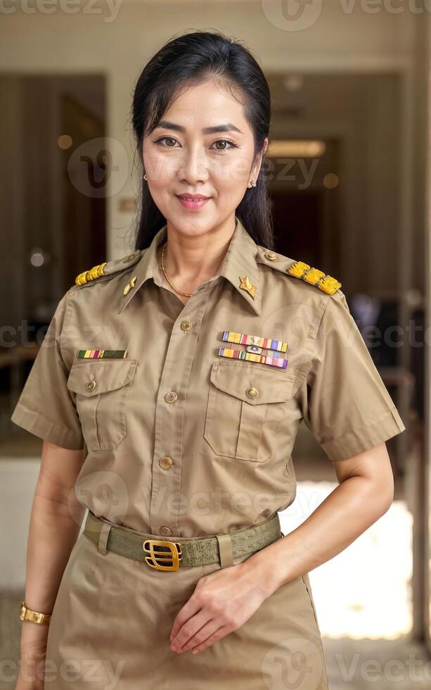 foto van midden- oud Aziatisch vrouw in Thais leraar uniform, generatief ai