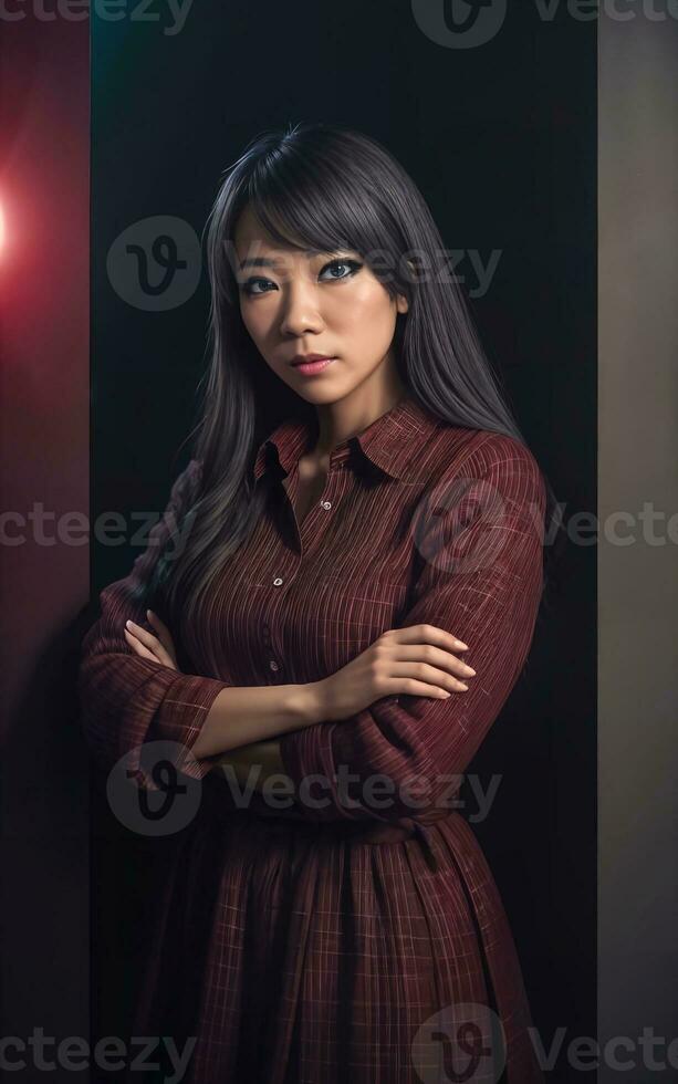 portret foto van mooi midden- oud Aziatisch vrouw in donker kamer met licht in achtergrond, generatief ai