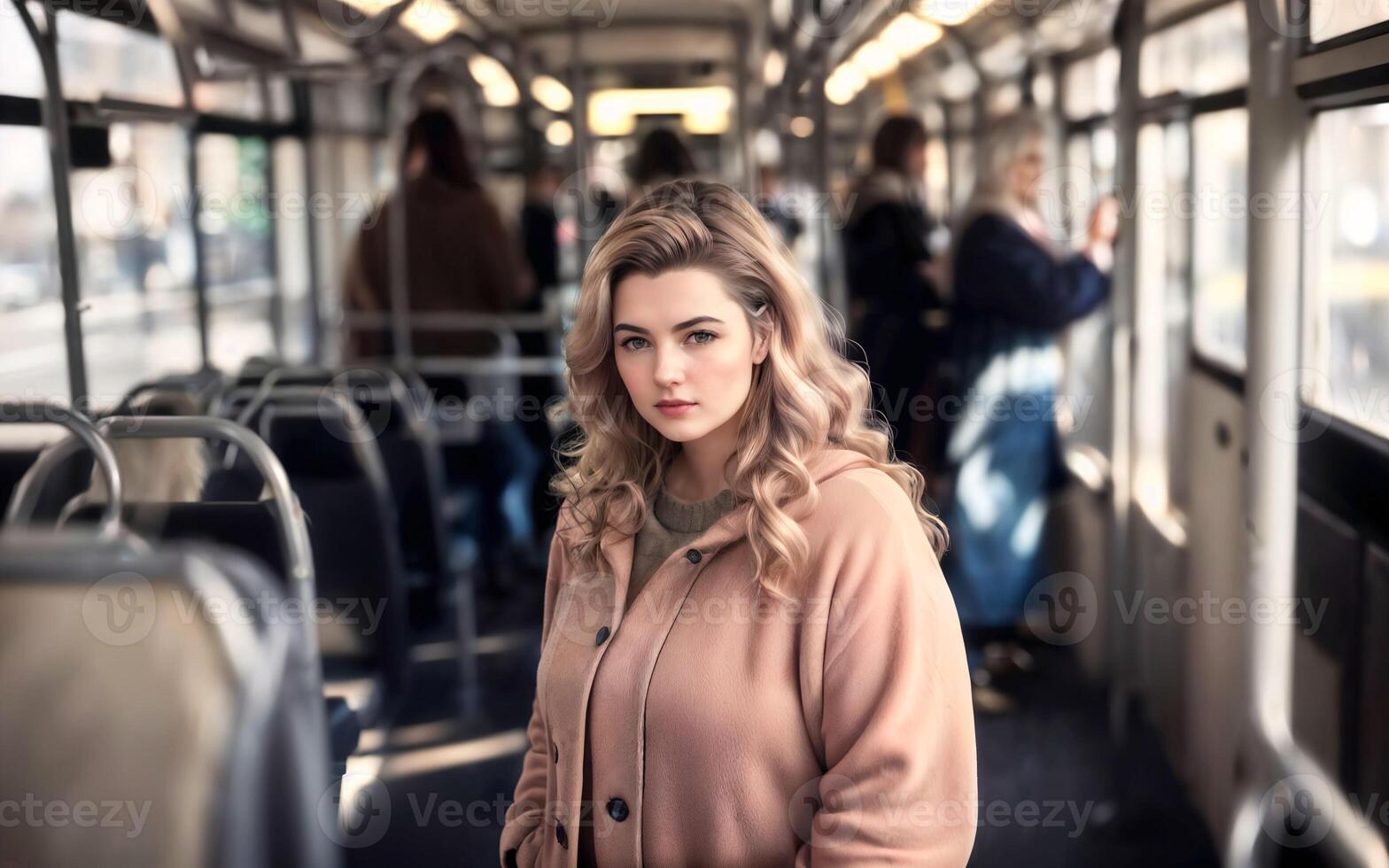 mooi vrouw staand binnen openbaar bus vervoer, generatief ai foto