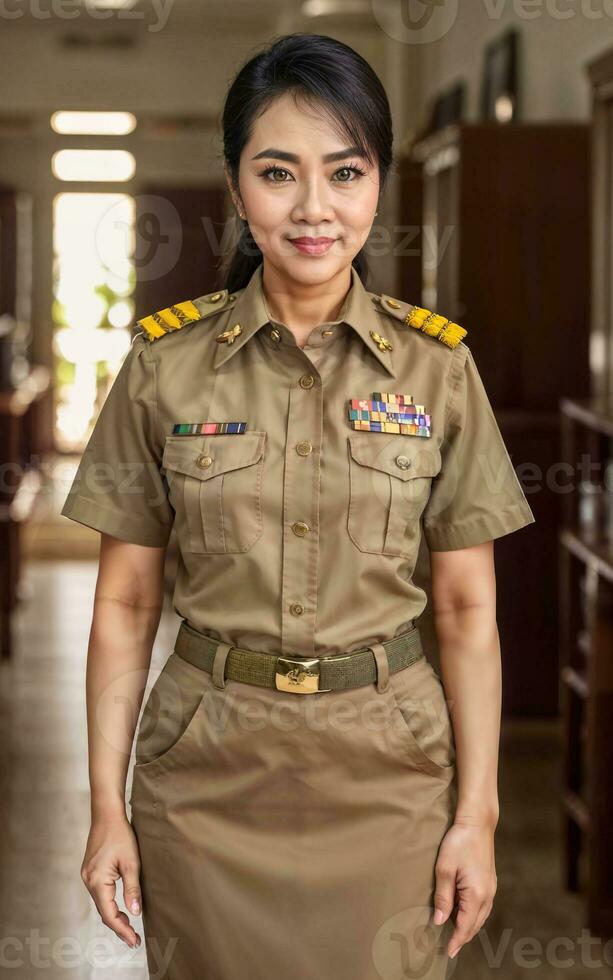 foto van midden- oud Aziatisch vrouw in Thais leraar uniform, generatief ai