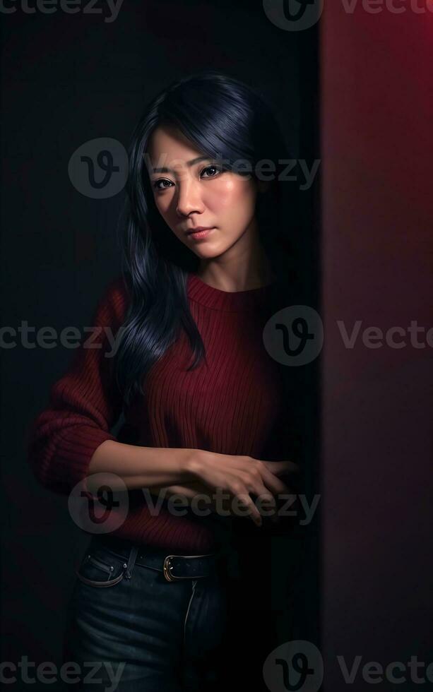 portret foto van mooi midden- oud Aziatisch vrouw in donker kamer met licht in achtergrond, generatief ai