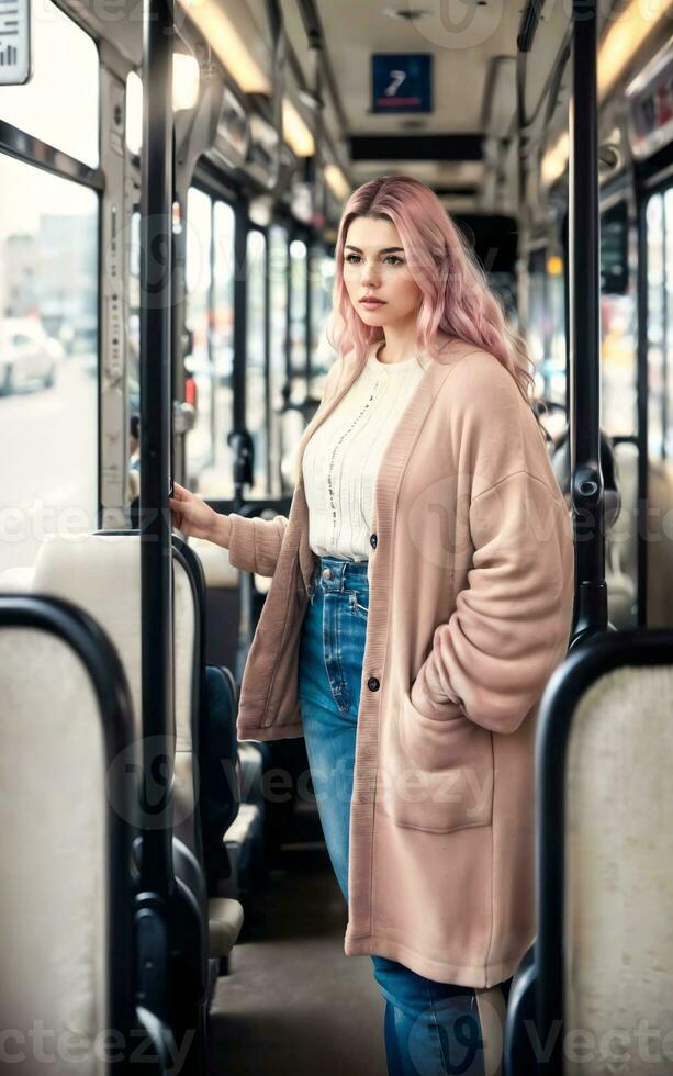 mooi vrouw staand binnen openbaar bus vervoer, generatief ai foto