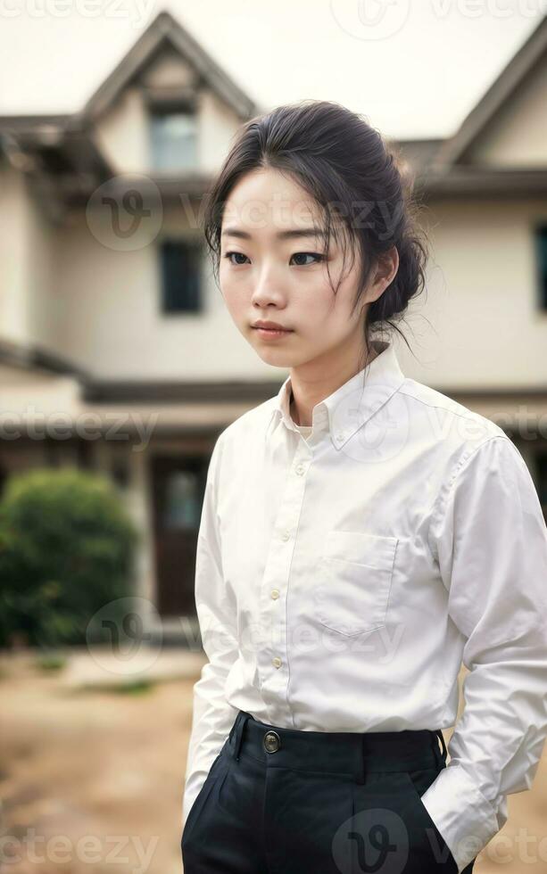 Thais mensen in Thailand technisch college uniform wit overhemd en hijgen, generatief ai foto