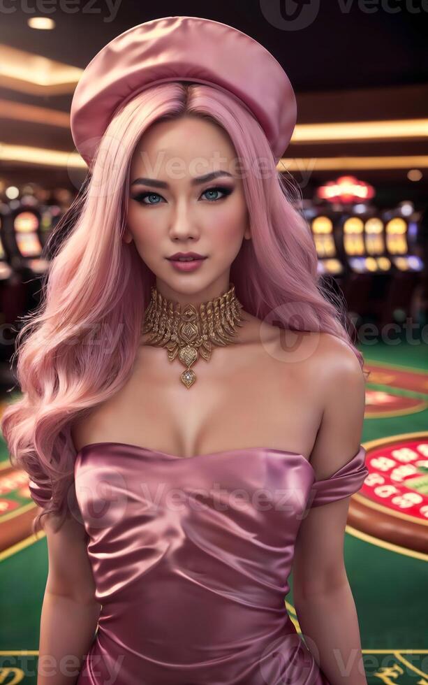 mooi Aziatisch vrouw met luxe jurk in groots casino gokken, generatief ai foto