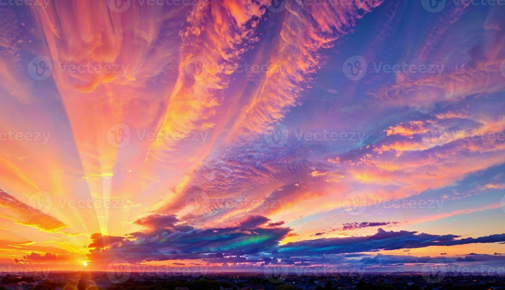 vastleggen de volledig spectaculair zonsondergang met kleurrijk wolken en een episch helder lucht ai gegenereerd foto