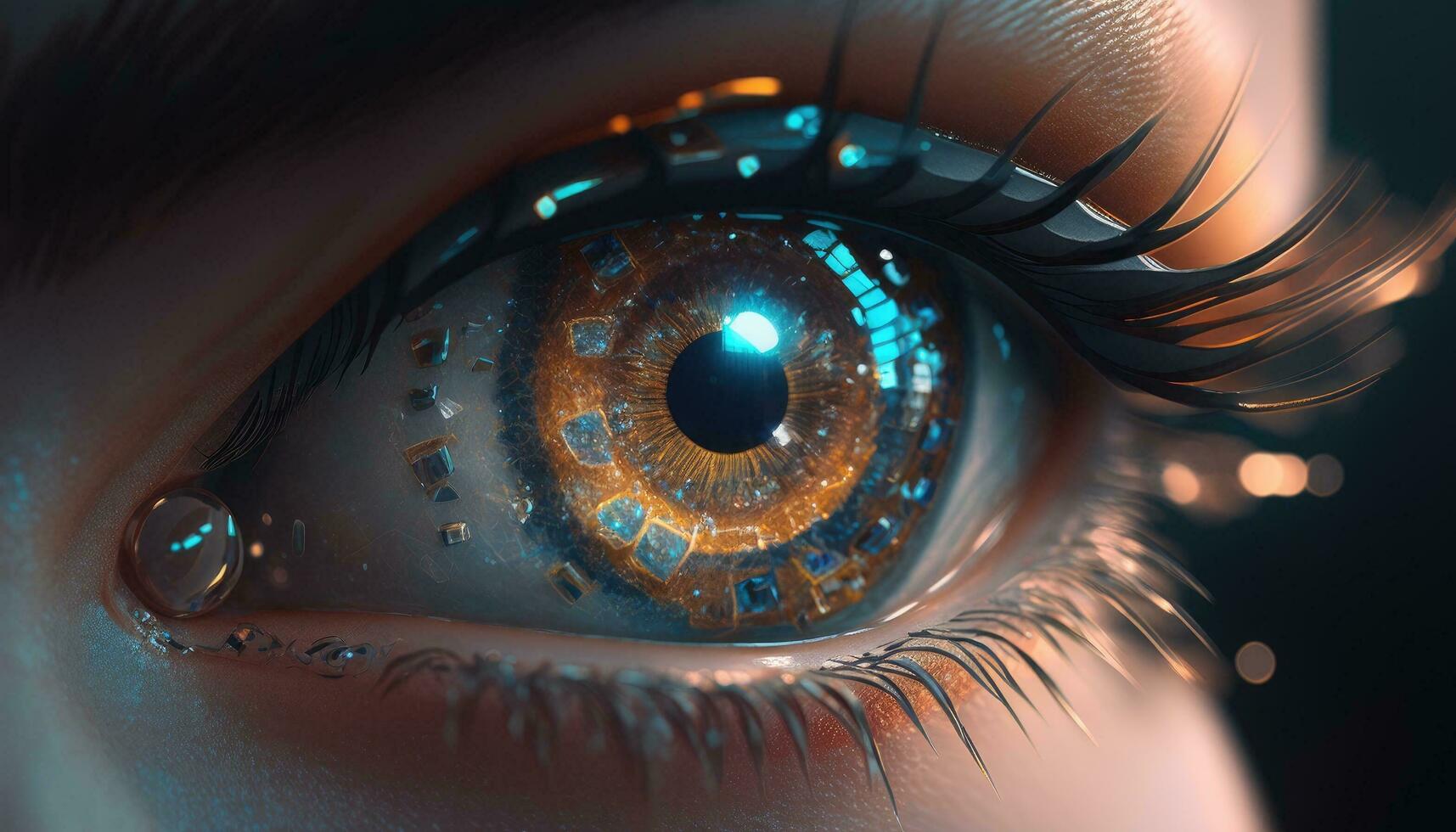 dichtbij omhoog visie van oog met futuristische koppel naar Scherm gegevens. uitgebreid realiteit, toekomst technologie, internet concept. foto
