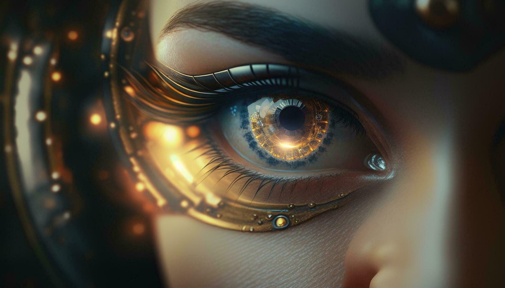 dichtbij omhoog visie van oog met futuristische koppel naar Scherm gegevens. uitgebreid realiteit, toekomst technologie, internet concept. foto