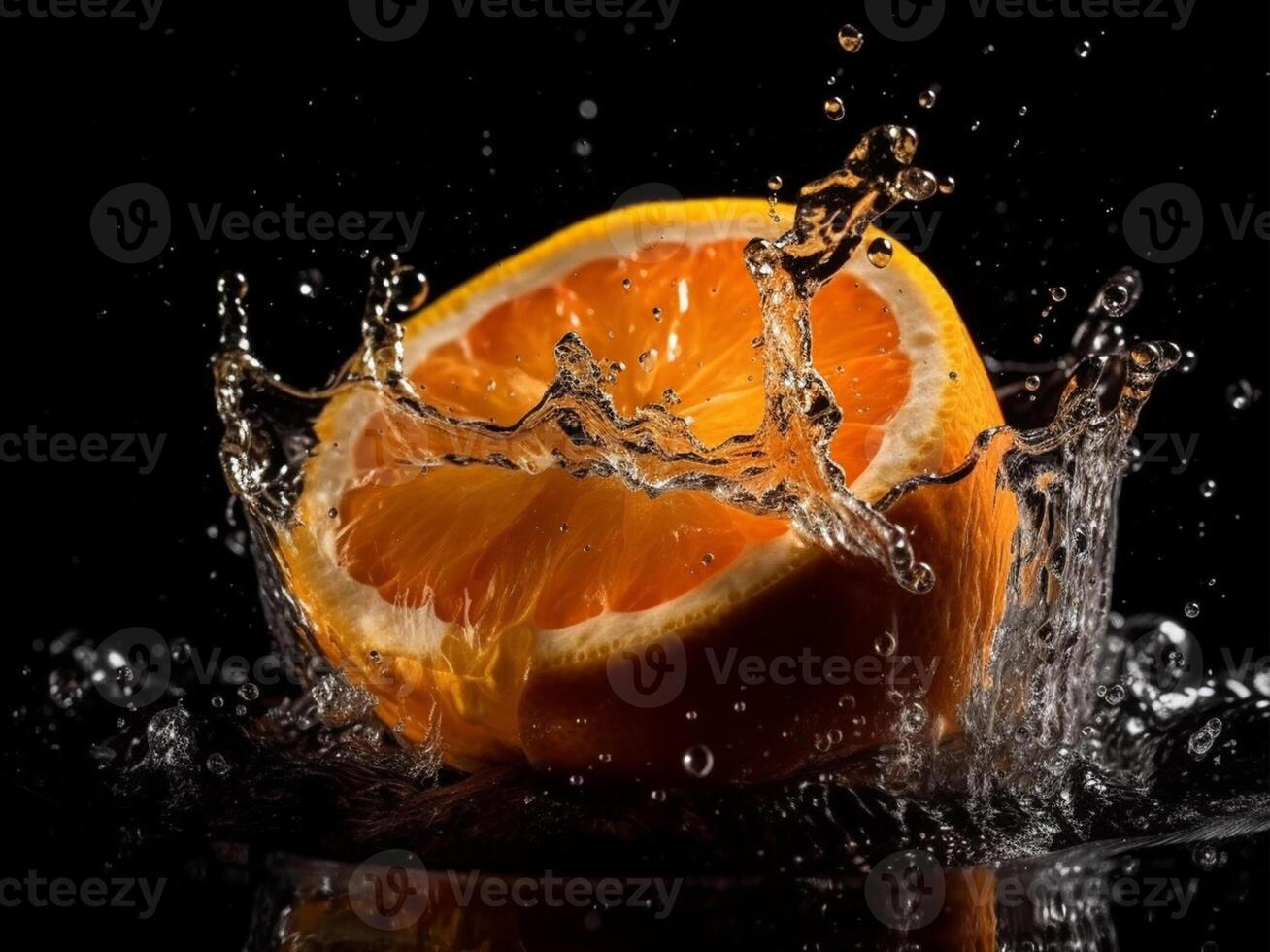 detailopname plons oranje fruit met water plons fotografie in zwart achtergrond. nog steeds leven fotografie. generatief ai. foto