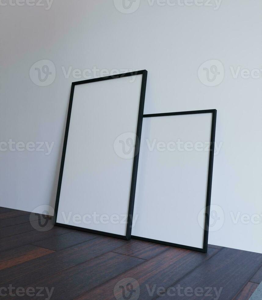 twee gemakkelijk minimalistische kader mockup Aan de houten verdieping houdende Aan de wit muur achtergrond foto