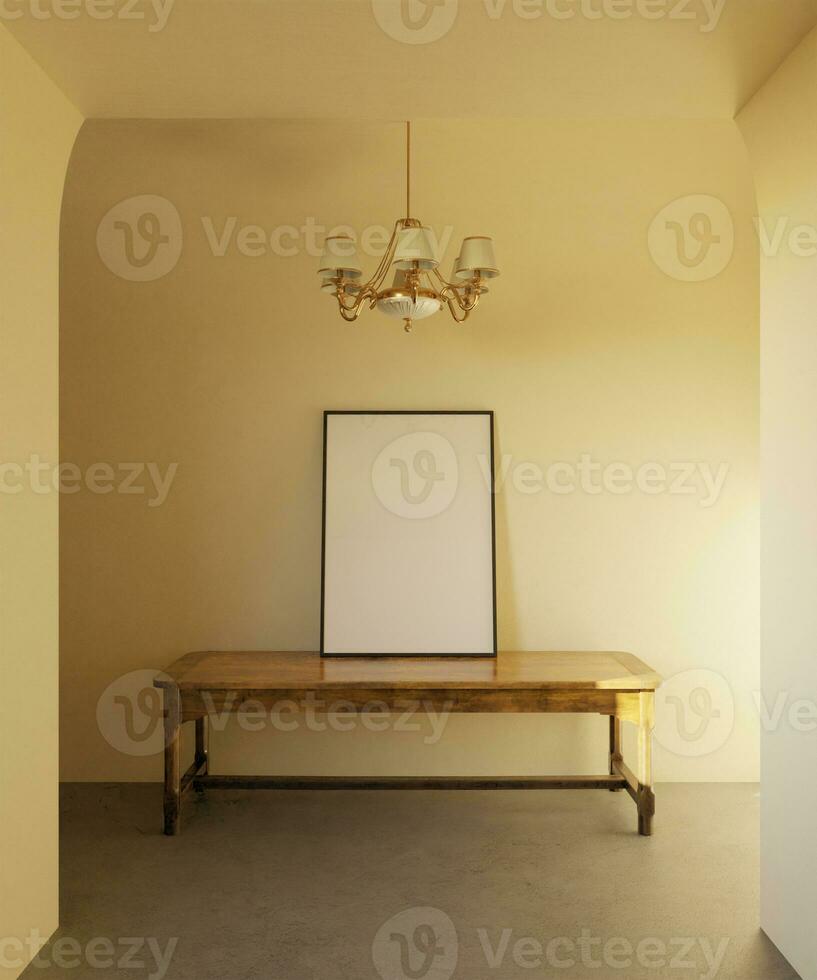 minimalistische traditioneel portret kader mockup staand Aan de houten tafel met luxe lamp decoratie met warm ambient foto