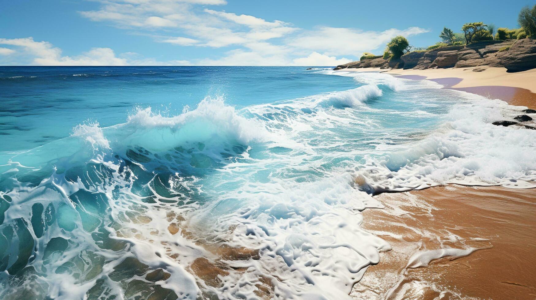 ai gegenereerd top visie van rustig blauw oceaan, zanderig kust, en palm omzoomd strand onder zonlicht in daglicht foto