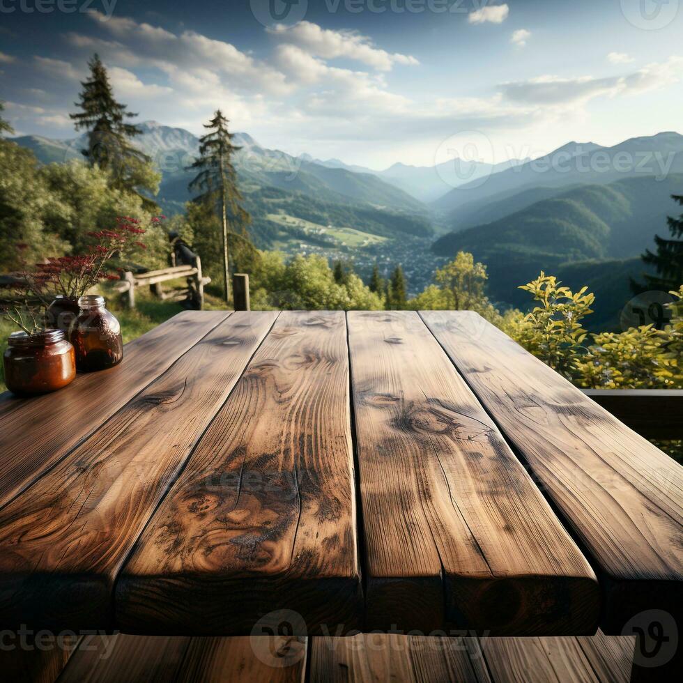 houten tafel ideaal voor Product advertenties , ai gegenereerd foto
