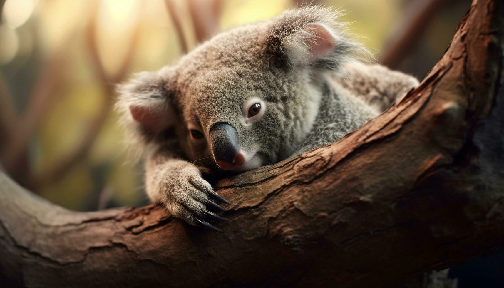 schattig koala, buideldier zoogdier, zittend Aan eucalyptus boom Afdeling gegenereerd door ai foto