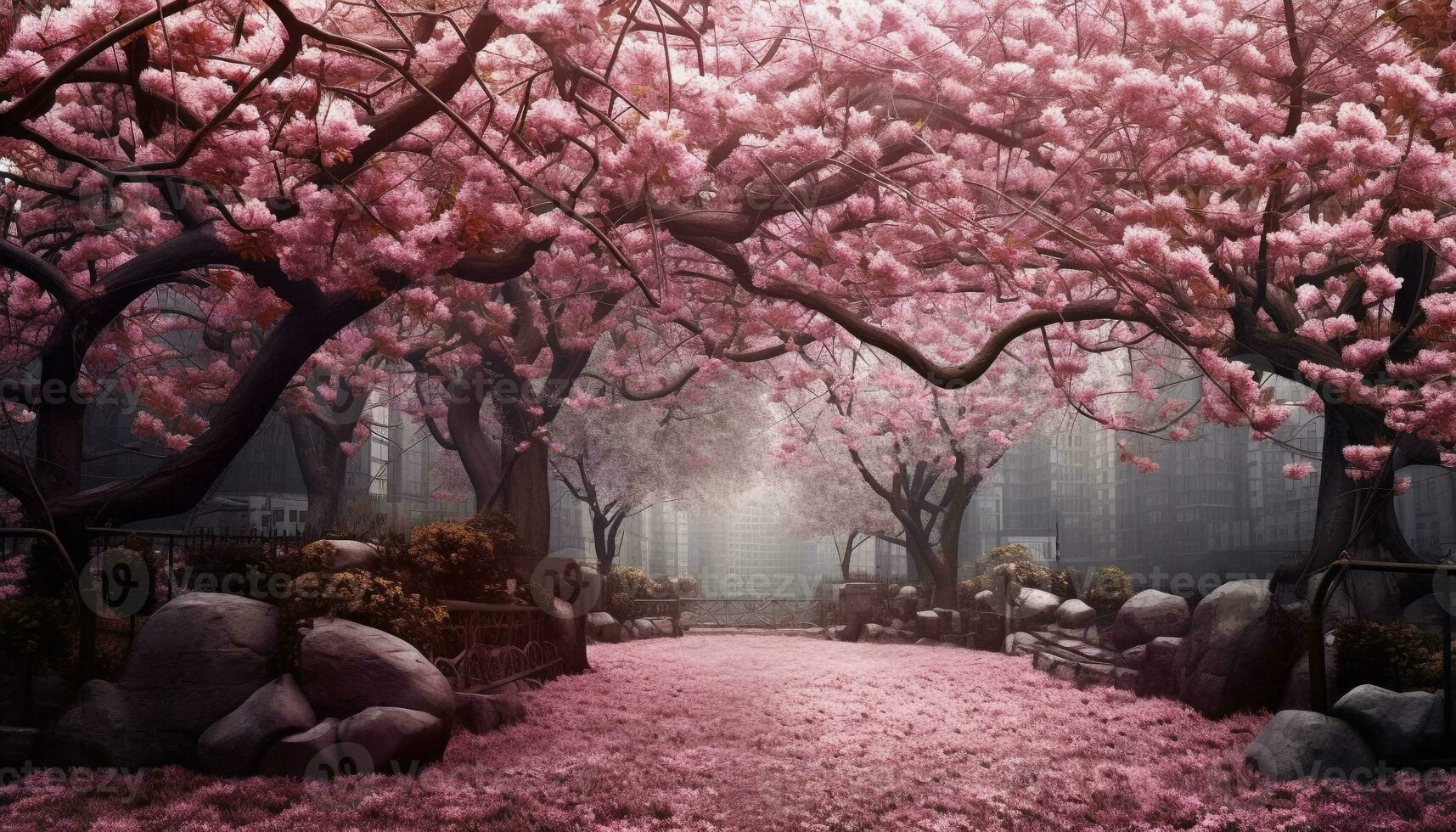 kers bloesem boom in een rustig Japans tuin Bij nacht gegenereerd door ai foto