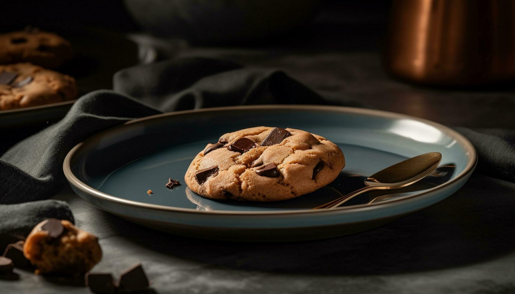 een eigengemaakt chocola spaander koekje Aan een rustiek houten tafel gegenereerd door ai foto