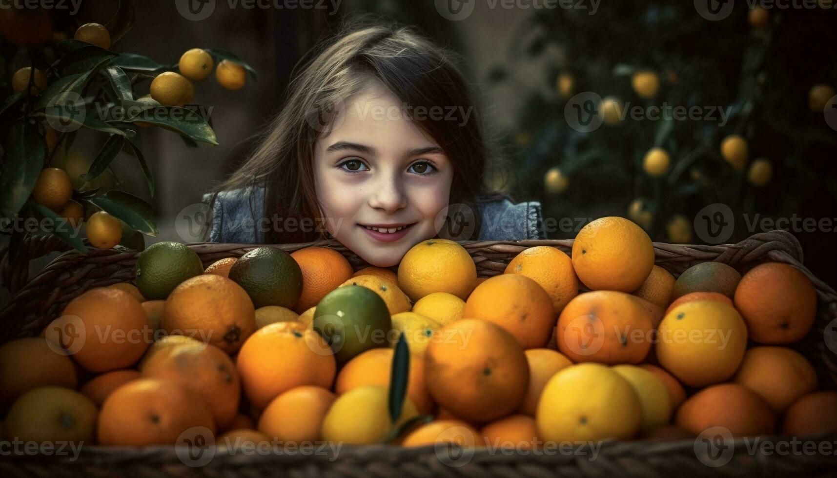 schattig meisjes lachend, genieten van vers mandarijnen binnenshuis gegenereerd door ai foto