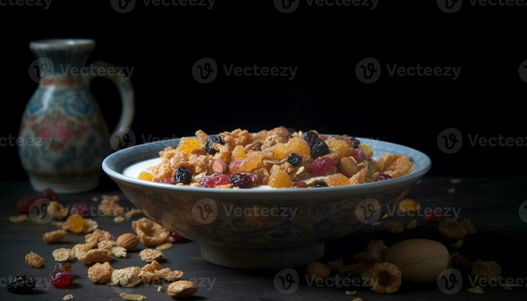 biologisch muesli kom met vers BES variatie gegenereerd door ai foto