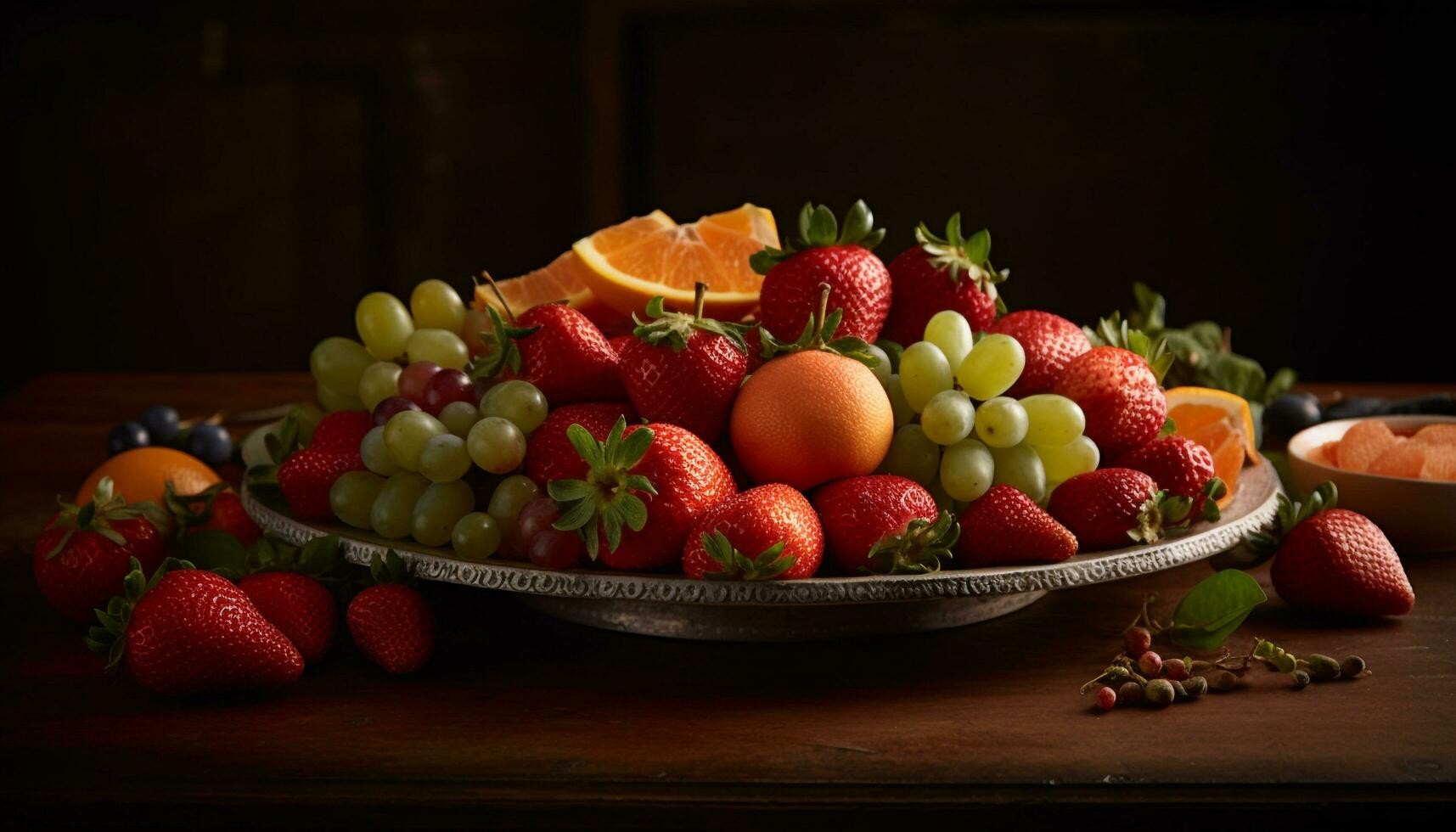 sappig fruit kom Aan rustiek hout tafel gegenereerd door ai foto