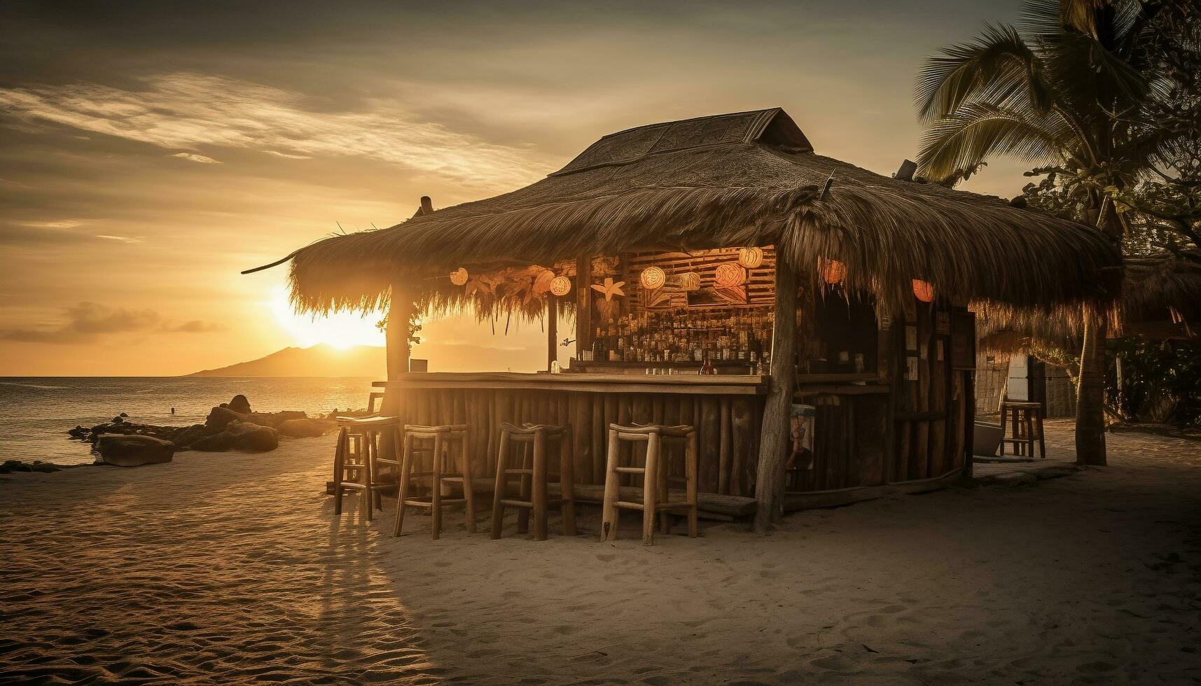 tropisch hut Aan zanderig strand Bij schemer gegenereerd door ai foto