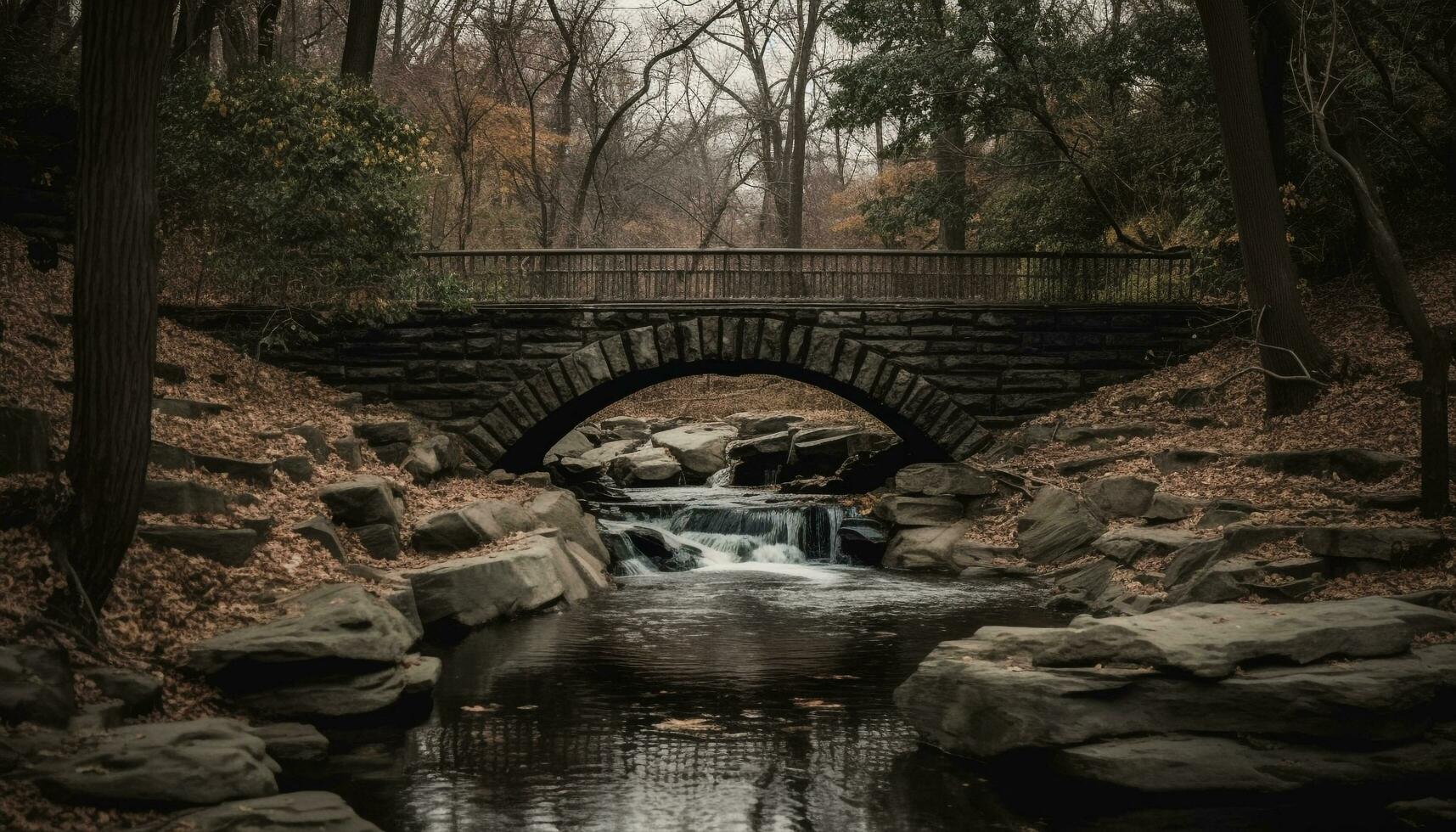 rustig herfst tafereel, Mens gemaakt brug over- vloeiende water gegenereerd door ai foto