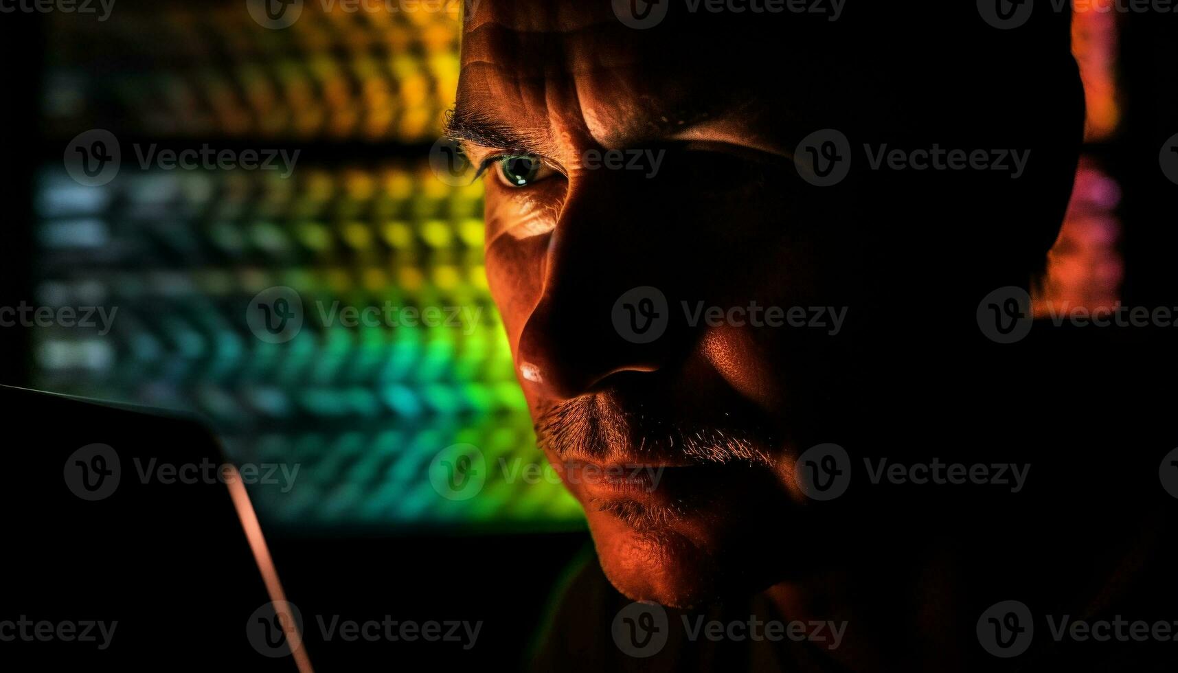 donker stad nacht, volwassen zakenman programmering technologie gegenereerd door ai foto