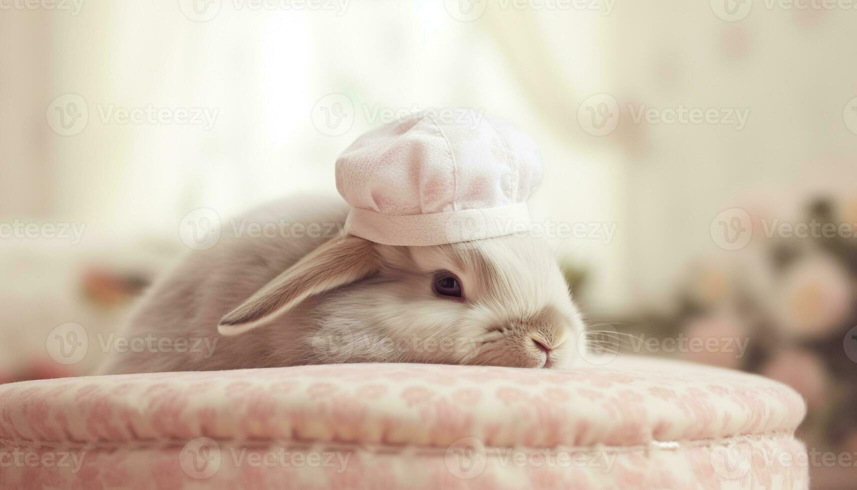 pluizig baby konijn zittend binnenshuis, op zoek schattig gegenereerd door ai foto