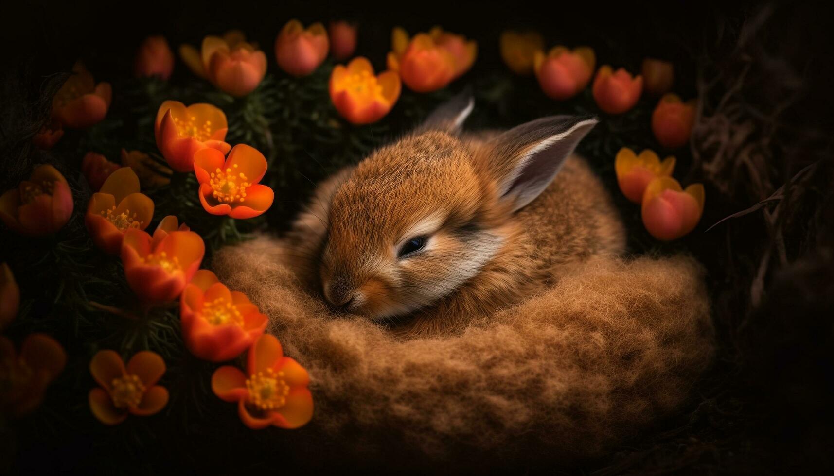 pluizig baby konijn zit tussen voorjaar tulpen gegenereerd door ai foto