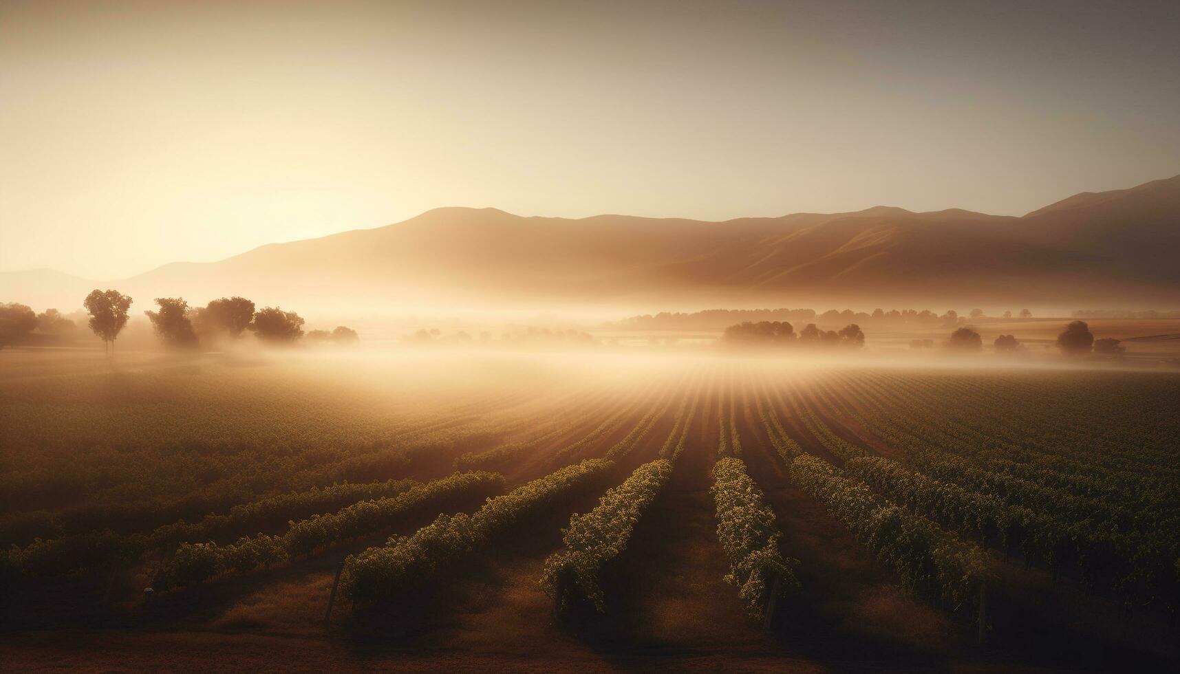 rustig zonsopkomst over- idyllisch Italiaans wijngaard landschap gegenereerd door ai foto