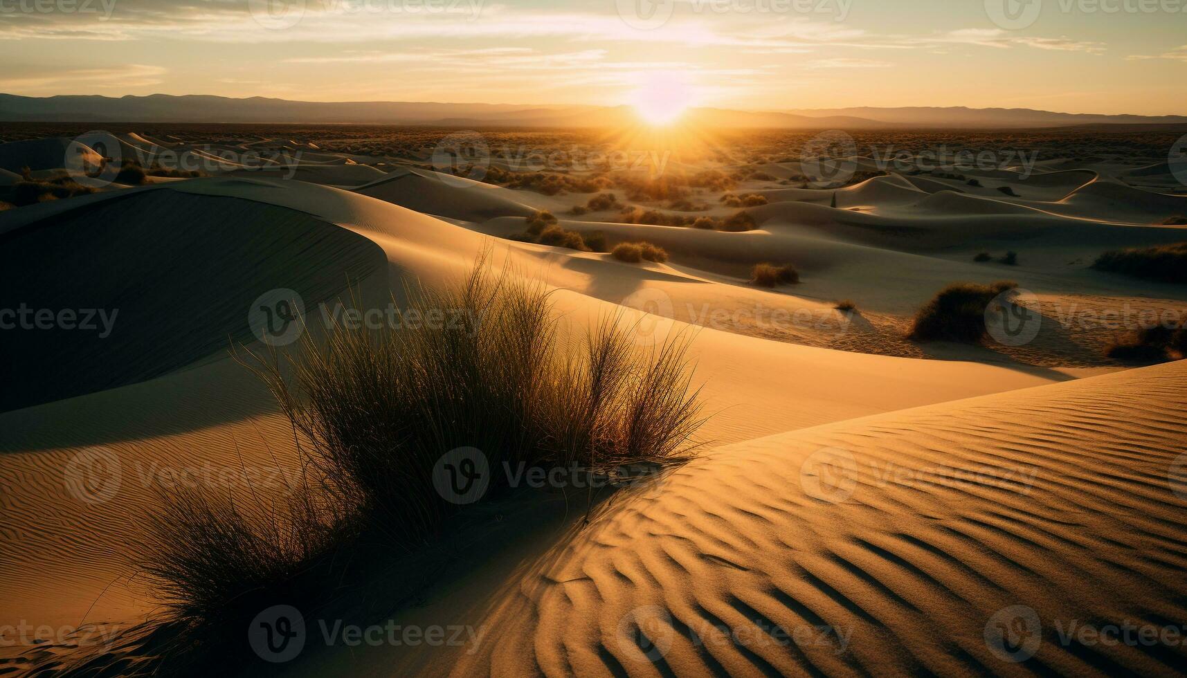 zonsopkomst over- majestueus zand duinen in Afrika gegenereerd door ai foto