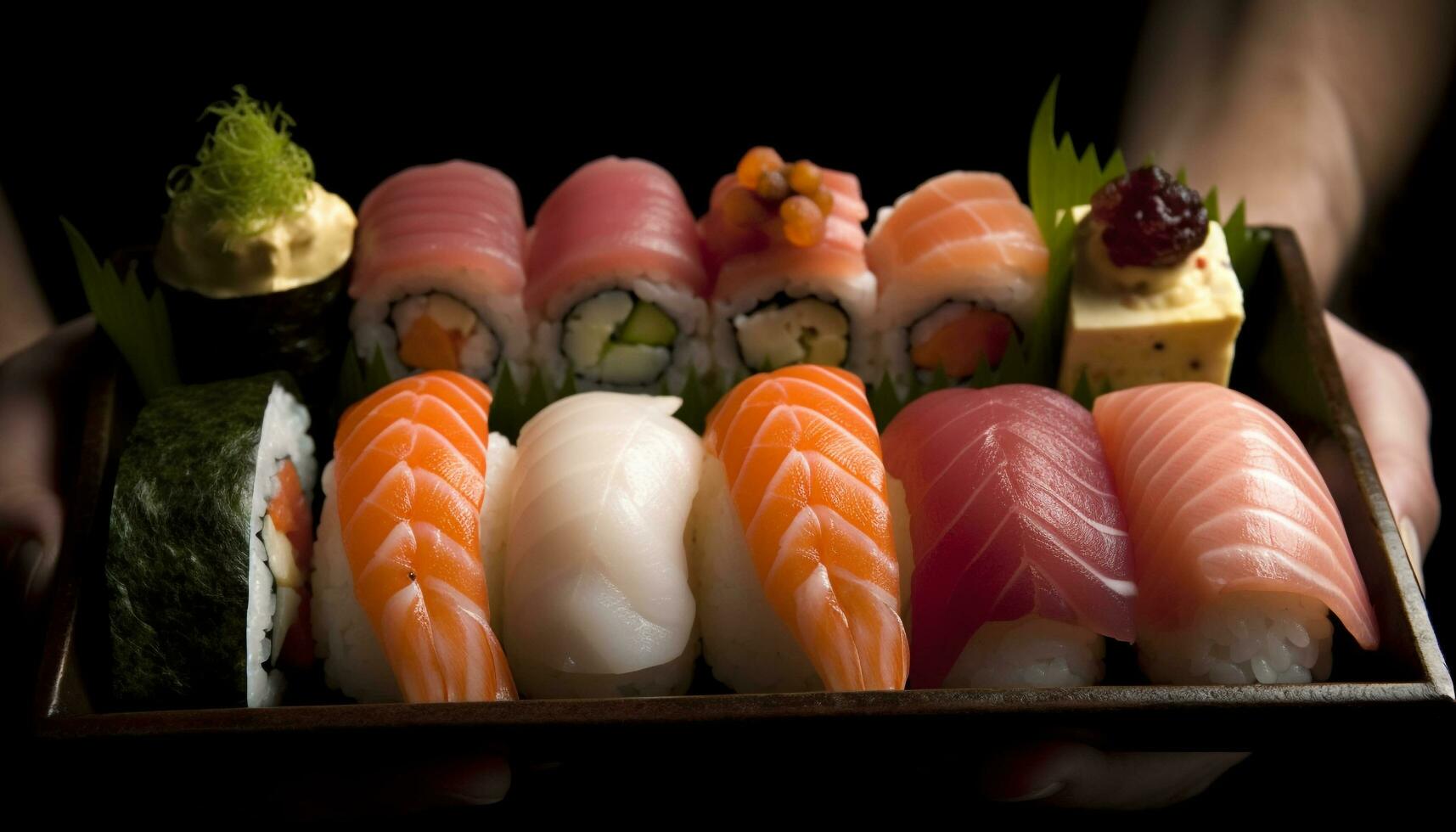 vers zeevruchten bord sashimi, nigiri, maki sushi gegenereerd door ai foto