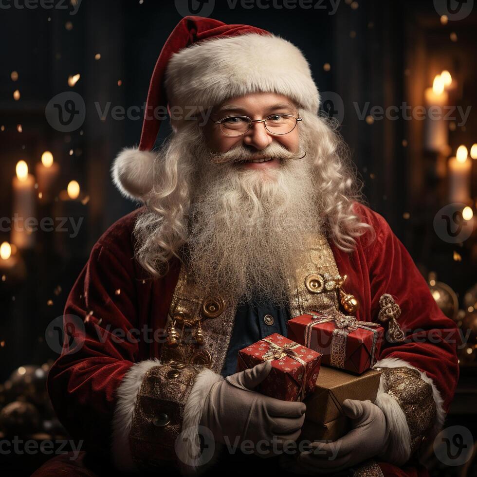 illustratie van een de kerstman claus met een Kerstmis achtergrond, ai gegenereerd foto