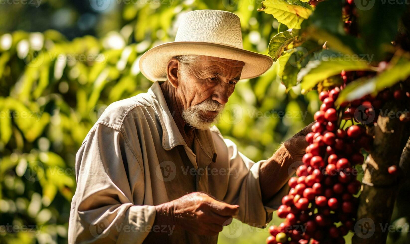 oud Mens plukken koffie van een koffie plantage. ai gegenereerd foto