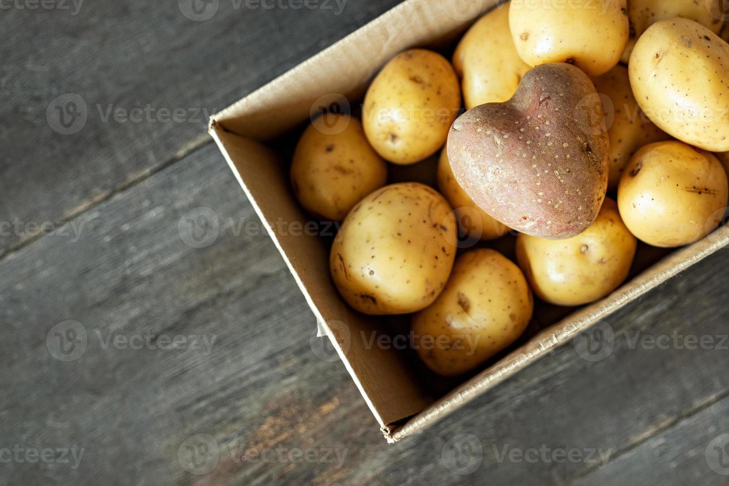 rode aardappel in de vorm van een hart in een kartonnen doos tussen witte aardappelen. foto