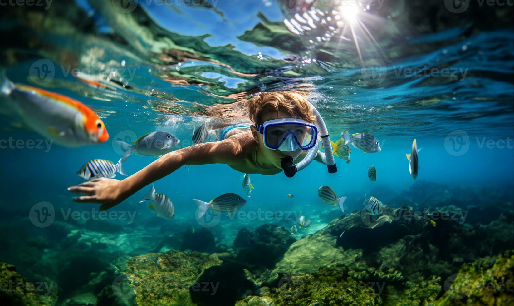 jongen snorkelen in een transparant oceaan aan het kijken kleurrijk vis. ai gegenereerd foto