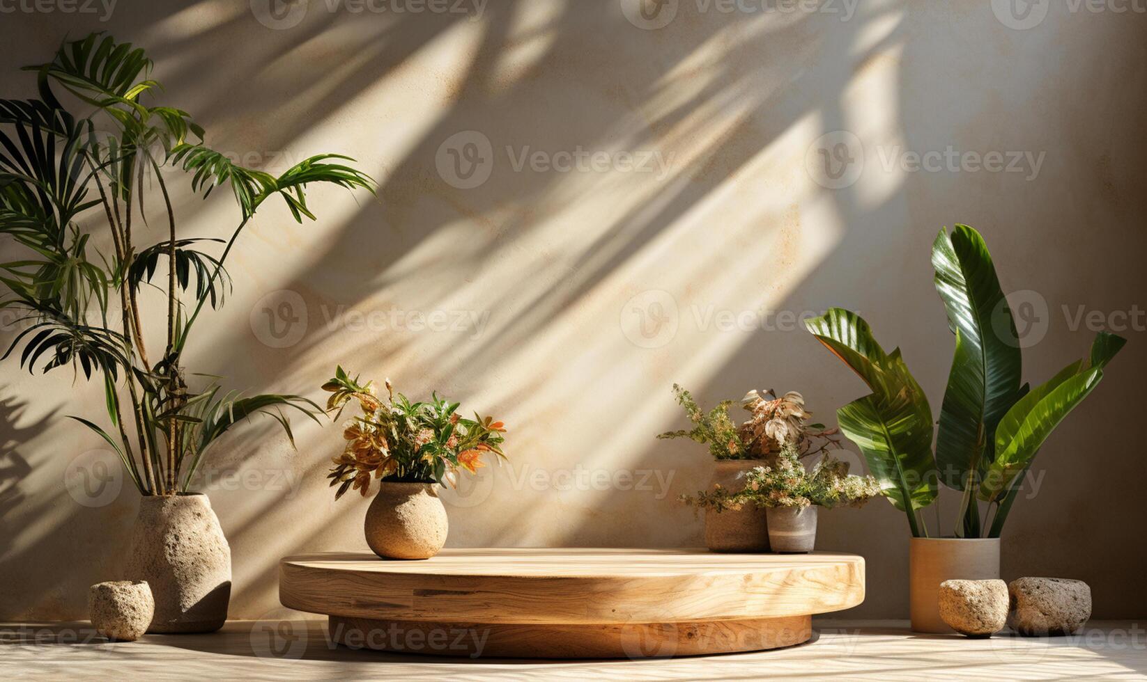 natuurlijk log hout podium tafel in zonlicht ai gegenereerd foto