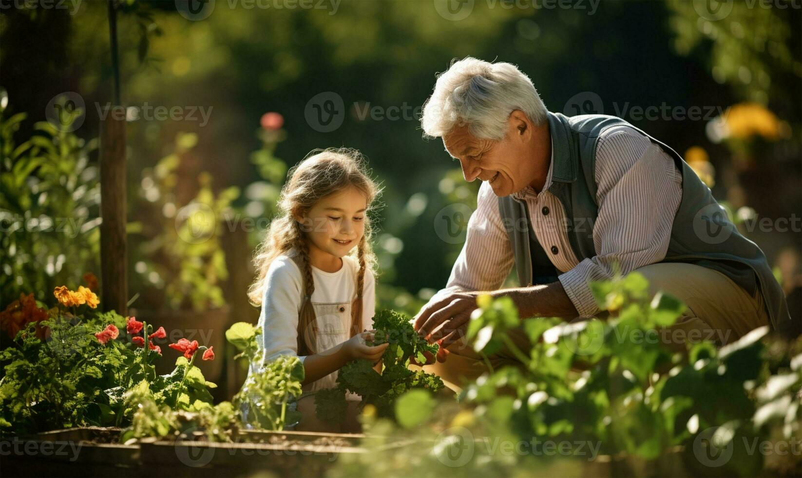 opa met kleindochters in huis tuin. ai gegenereerd foto